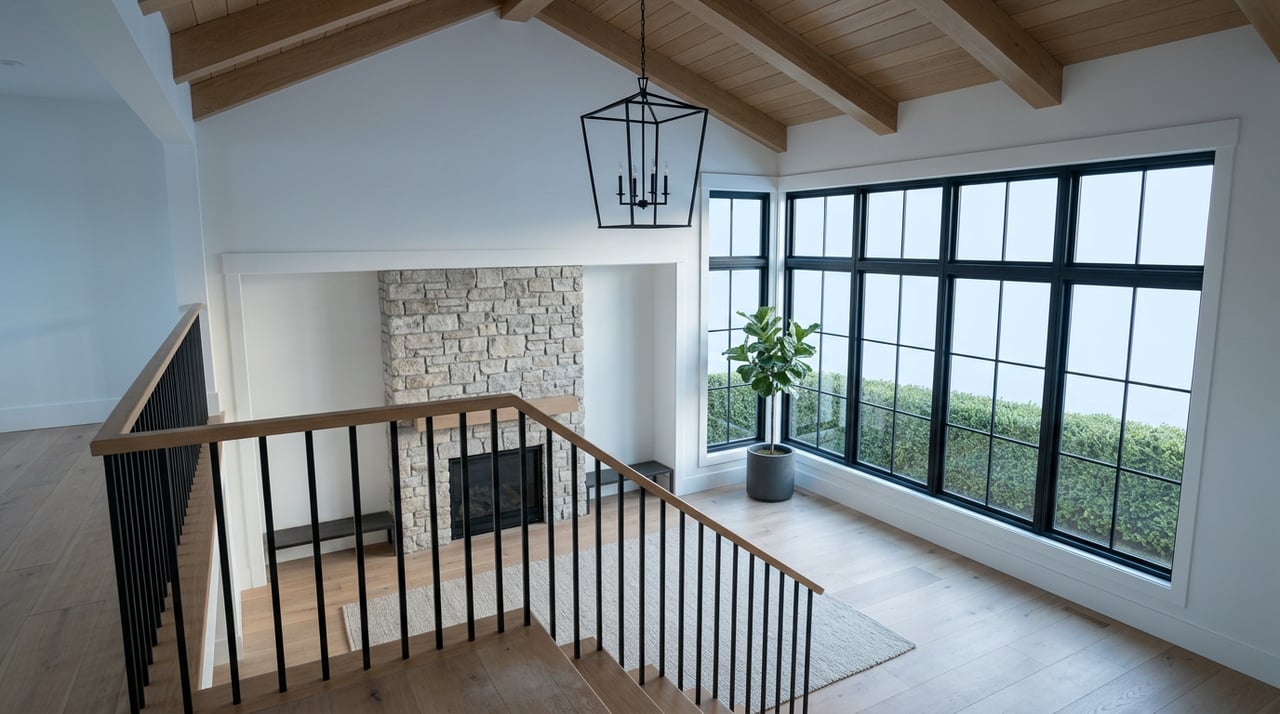 Great room viewed from staircase, with exposed beams, black chandelier, corner windows, and stone fireplace.