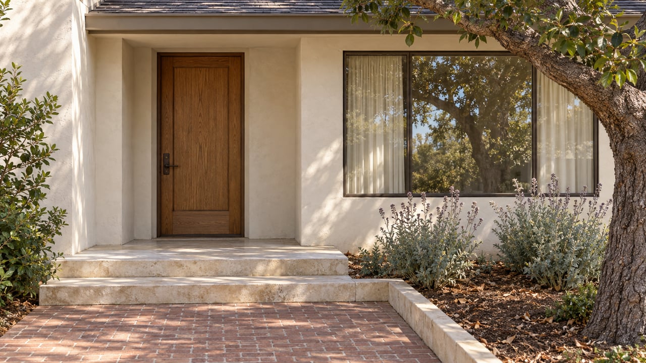 Close view of a plaster home's shaded oak entrance, bronze-framed window and limestone steps beside a mature oak.