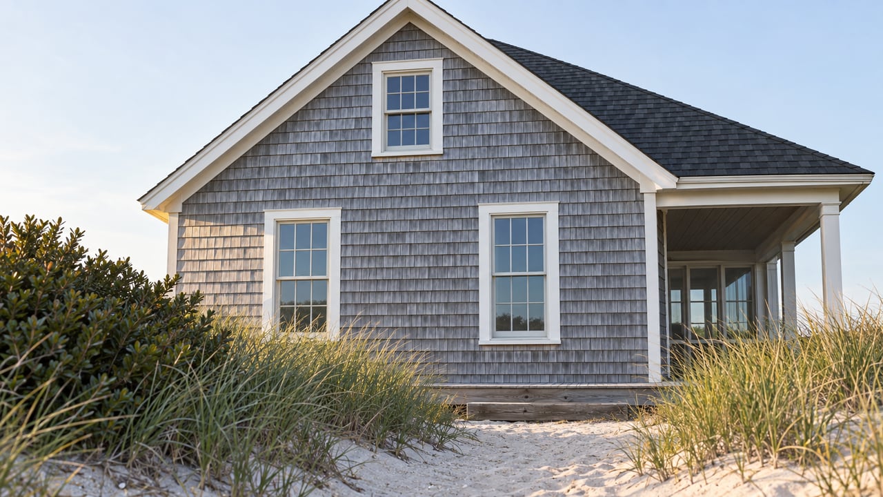 Silver-gray shingle house with a steep gable, three sash windows, and dune grass beside a sandy path.