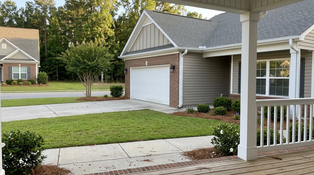 View from a porch across a suburban yard toward the driveway and neighboring homes.