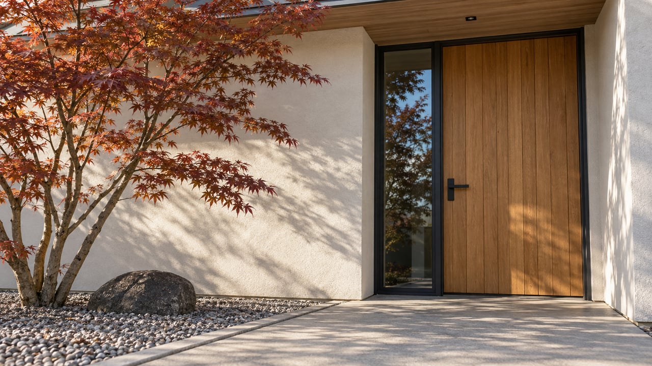 A wood front door beneath a cedar soffit, beside a bronze-leaved Japanese maple and basalt boulder in a gravel bed.