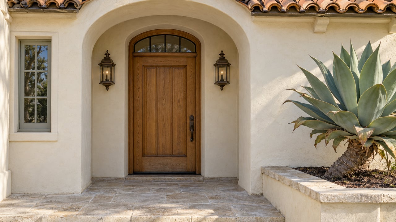 Sunlit cream stucco entry with a recessed oak door, paired bronze lanterns, clay roof tiles and an agave beside a limestone landing.