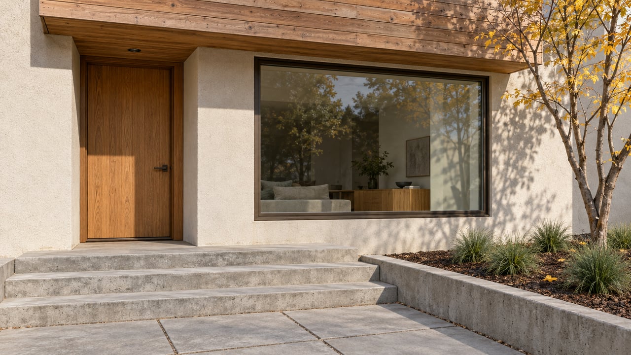 Contemporary residence with cedar siding, a recessed oak front door, broad glazing and a western redbud beside concrete entry steps.