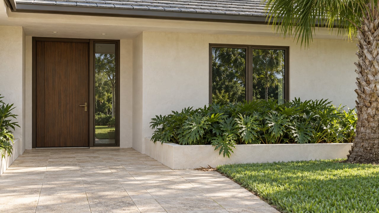 Cream stucco house entrance with walnut door, bronze-framed windows, limestone pavers, and a palm at the edge.