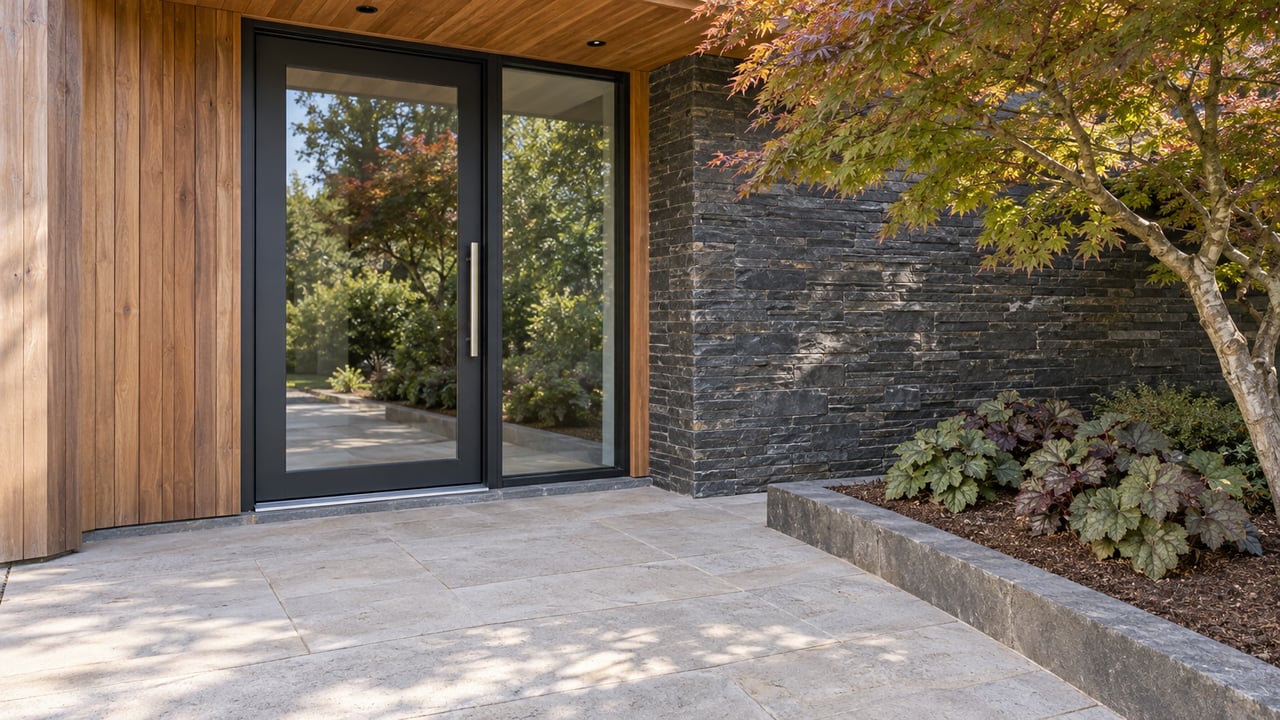 Recessed contemporary home entry with a glazed door, weathered cedar, charcoal stone and a limestone landing beside a Japanese maple.