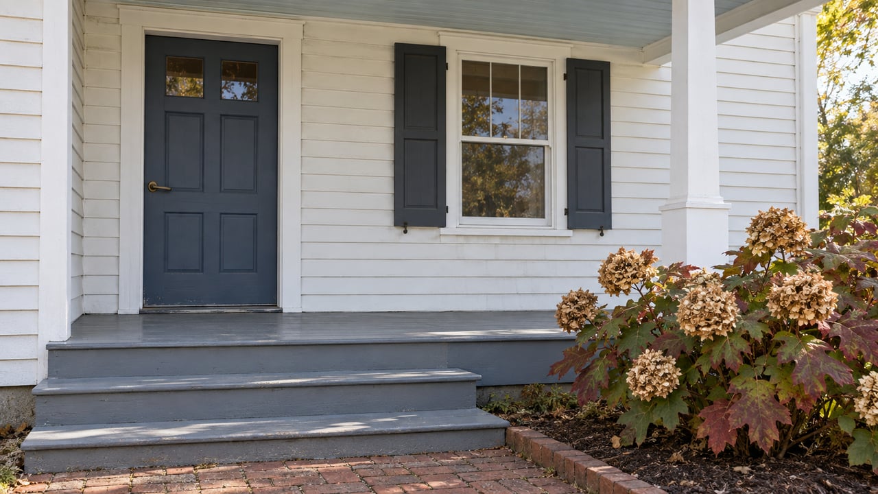White clapboard cottage entry with a slate-blue door, shuttered sash window, worn gray porch steps and autumn oakleaf hydrangea.