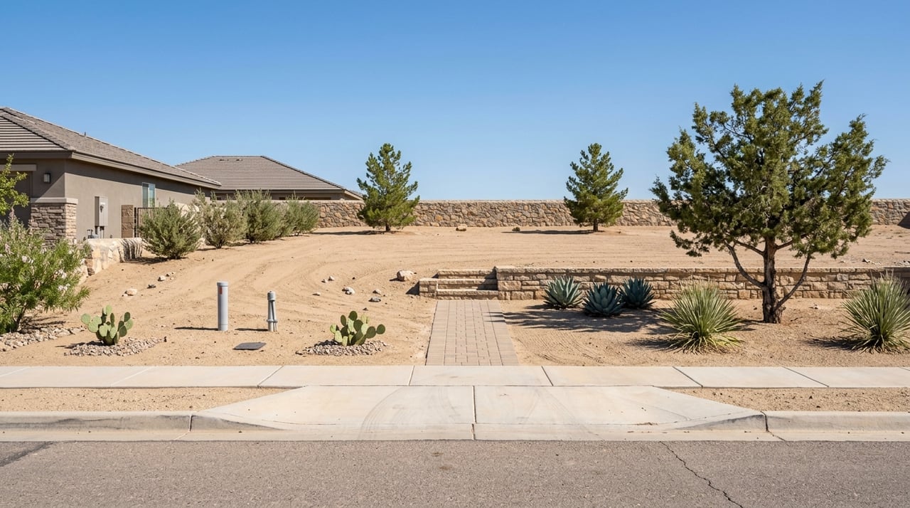 Low-maintenance desert front yard at a Prescott Valley home with mature landscaping and clean curb appeal.