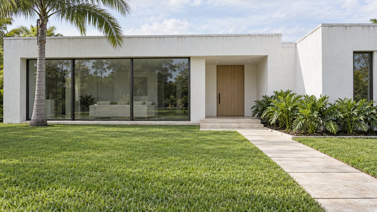 Contemporary white home behind a deep green lawn, with large bronze-framed windows, a limestone entry path and a mature palm.