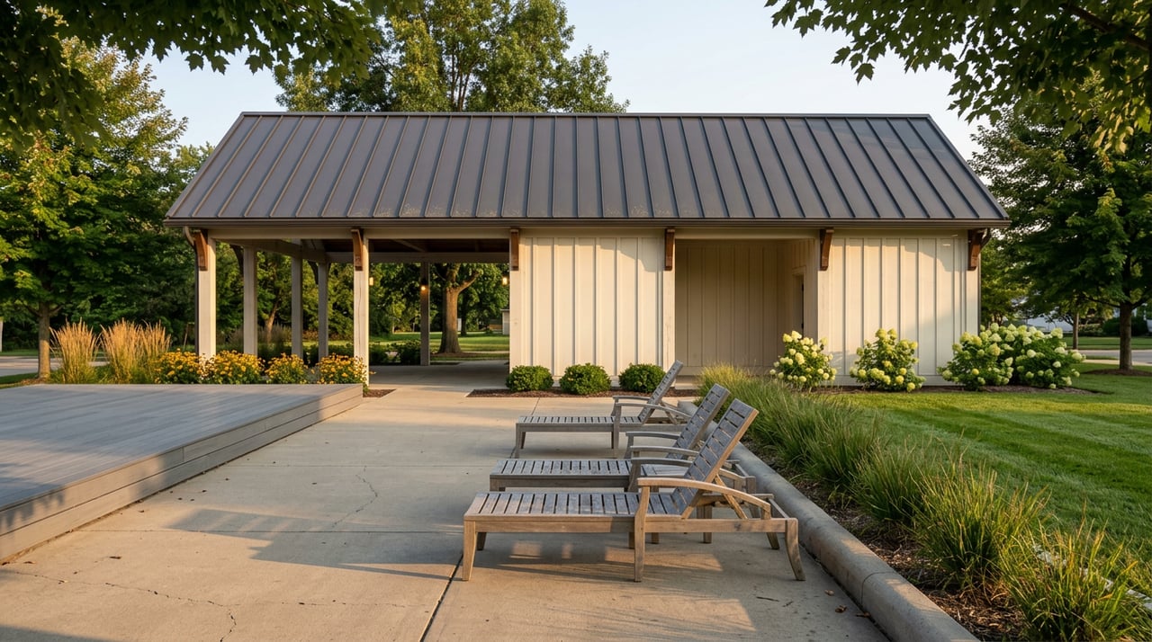 Small-town pavilion beside a lawn and raised stage, with three weathered teak lounge chairs on the sidewalk.