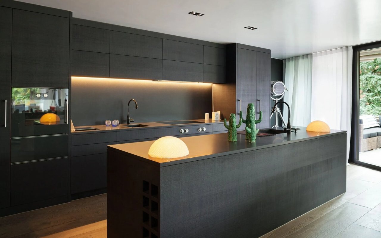 Modern dark kitchen with a large island, cactus ornaments, and glass doors opening to a patio.