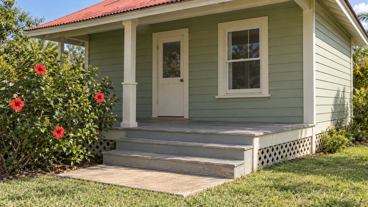 Pale-green wood cottage with a red corrugated roof, shaded porch, gray steps and a flowering hibiscus beside an open lawn.