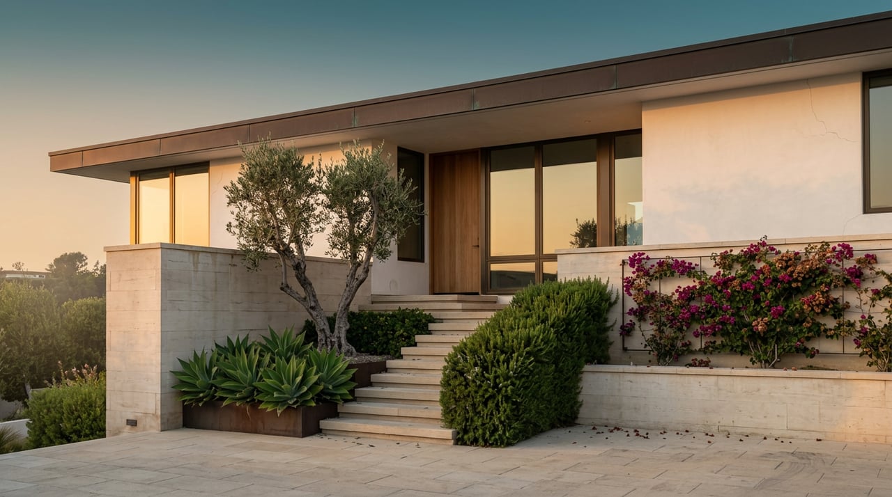 Hillside home with white stucco, dark metal roof, stone stairs, olive tree, and magenta bougainvillea.