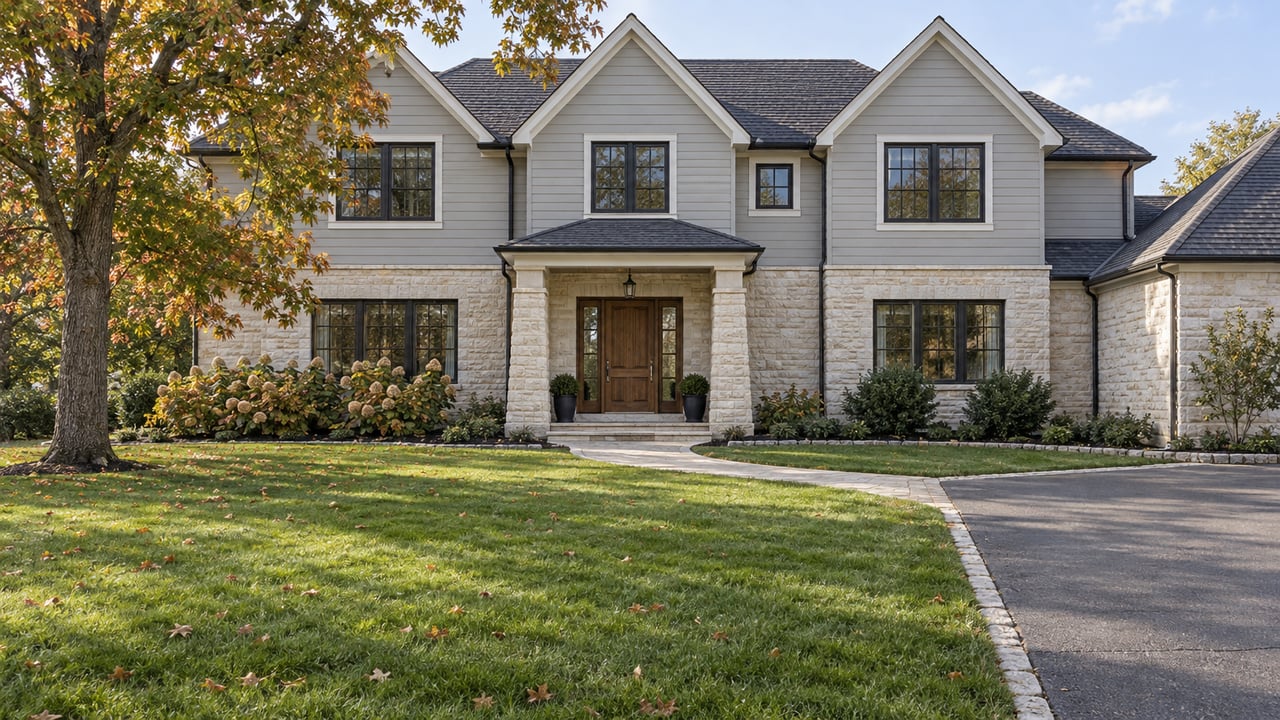 Two-story stone-and-siding house beyond a deep lawn, with a broad driveway, curved stone walk, and mature oak.