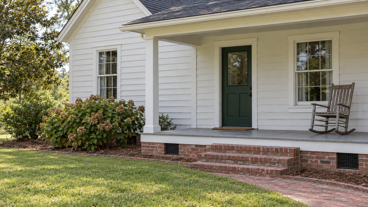 White-sided farmhouse porch with brick steps, a green door and a broad grassy foreground.