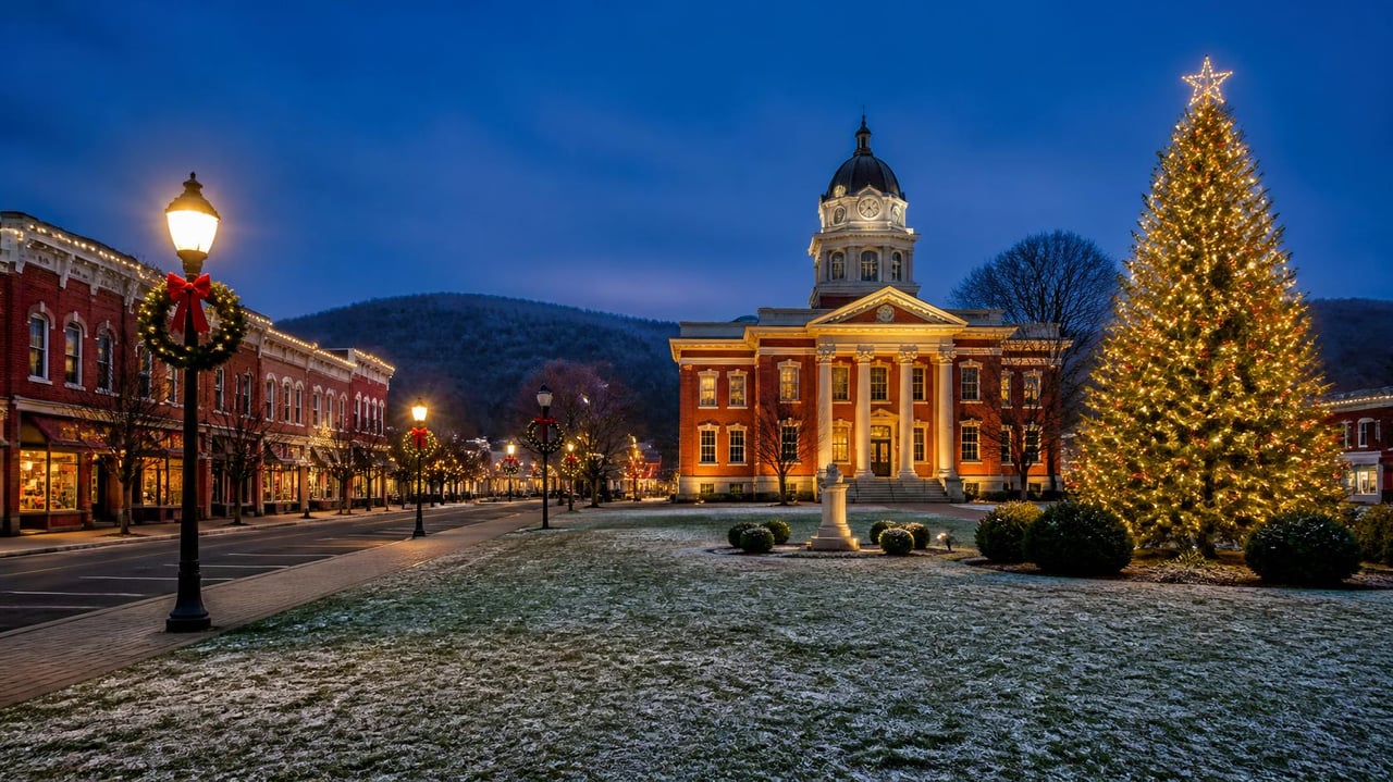 Small-town Tennessee courthouse square lit up for Christmas at dusk