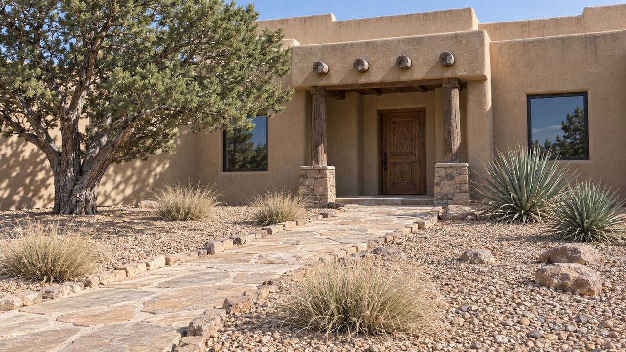 A sand-colored stucco home with a recessed wood entry beyond a broad gravel garden, flagstone path, sculptural pinyon pine and sparse native planting.