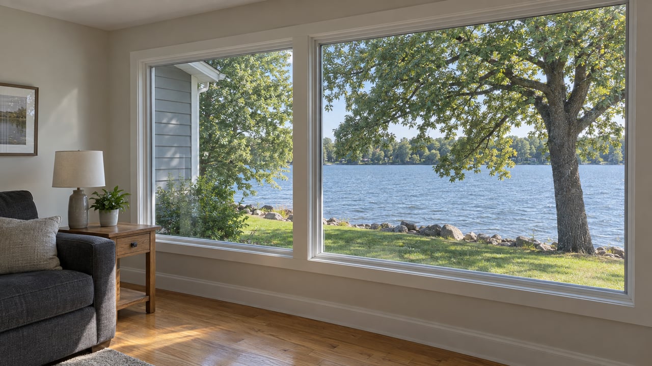 Living room windows overlook a rippled lake, stone-edged grassy shore, and a broad white oak.