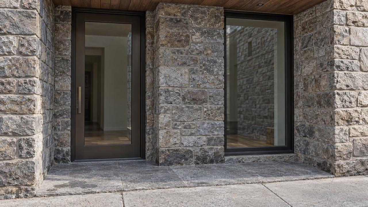A recessed residential entrance with dark bronze glazing, textured stone walls, a timber soffit and a granite landing beside a concrete sidewalk.