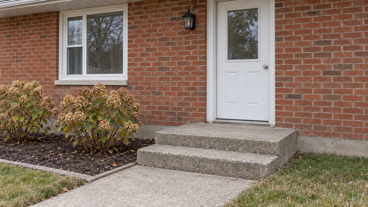 Red brick home entrance with a white door, concrete steps, dormant hydrangeas and a late-autumn lawn.