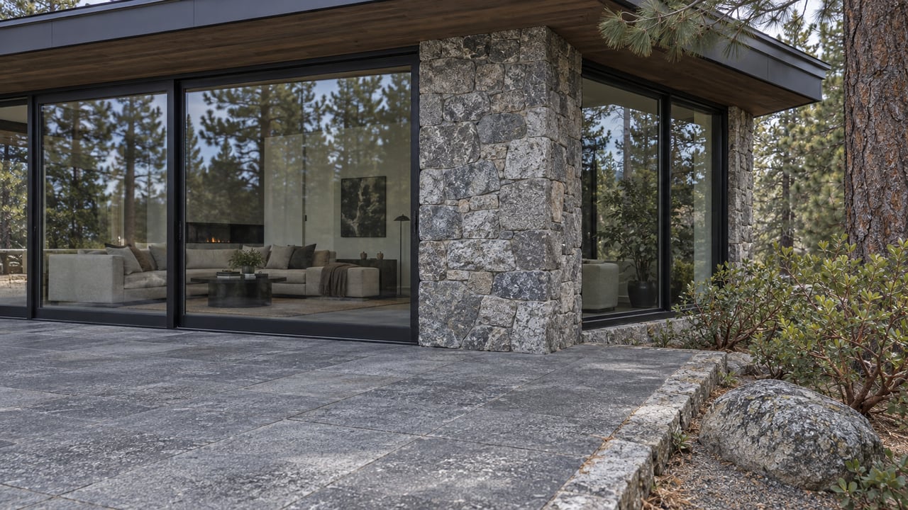 Modern home with granite cladding, dark-framed glass and a charcoal terrace beside a pine and red-barked shrubs.