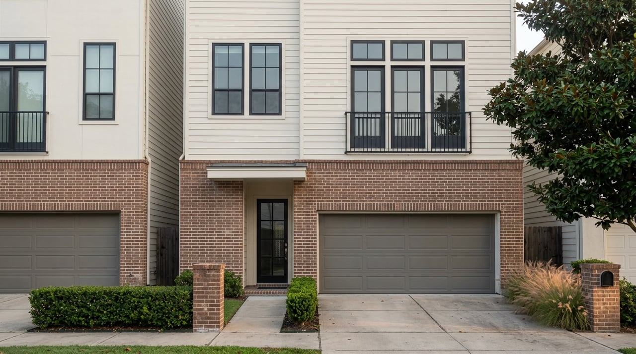 Three-story townhome with red-brown brick ground floor, off-white siding, black-framed windows, and a Juliet balcony.