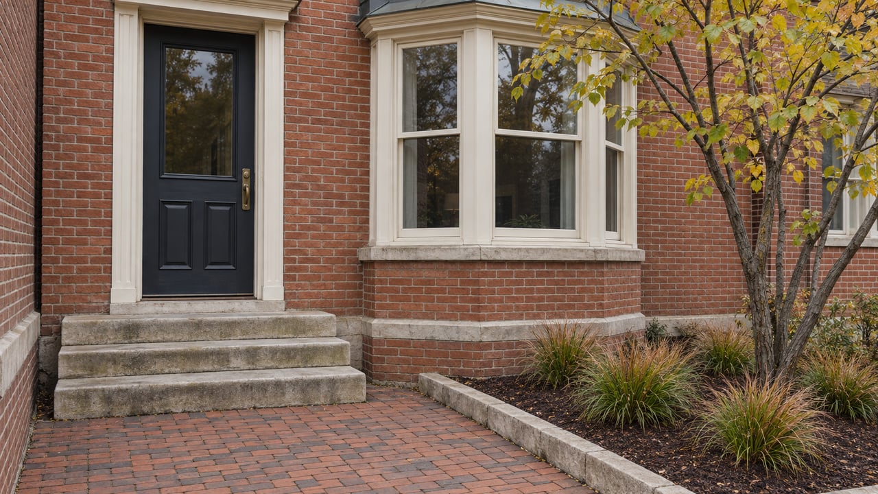 An aged red-brick rowhouse entrance with a navy glazed door, worn limestone steps, and a small redbud in a neatly edged front planting bed.