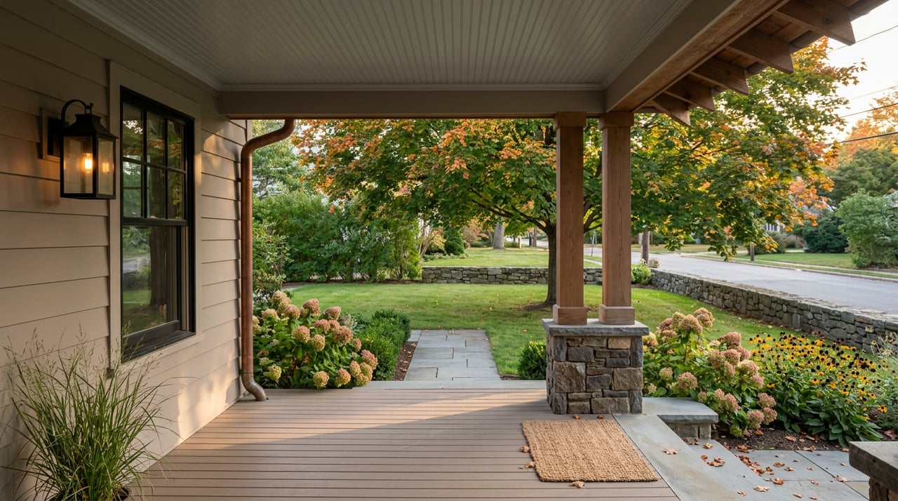 Covered cedar porch frames a bluestone walk, lawn, fieldstone wall, and ambering maple canopy.