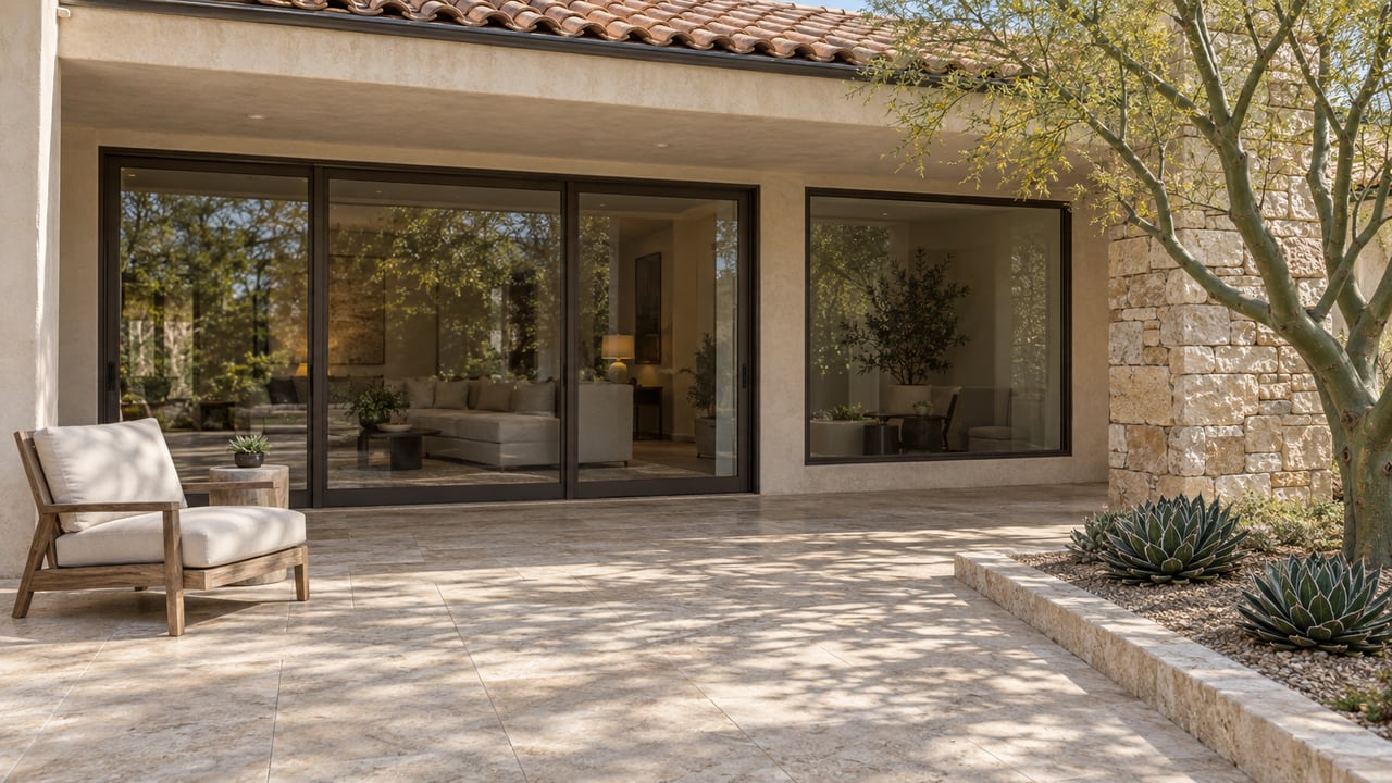 Sunlit limestone terrace beside an ivory stucco home, with closed bronze-framed glass doors, a teak lounge chair and sculptural desert planting.