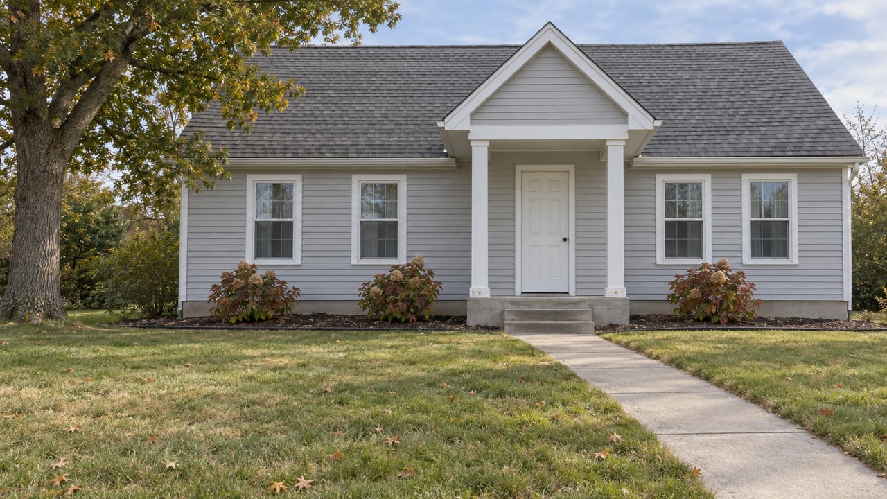 Light-gray home with a two-column white entry portico, deep front lawn, mature oak and autumn-tinged oakleaf hydrangeas.