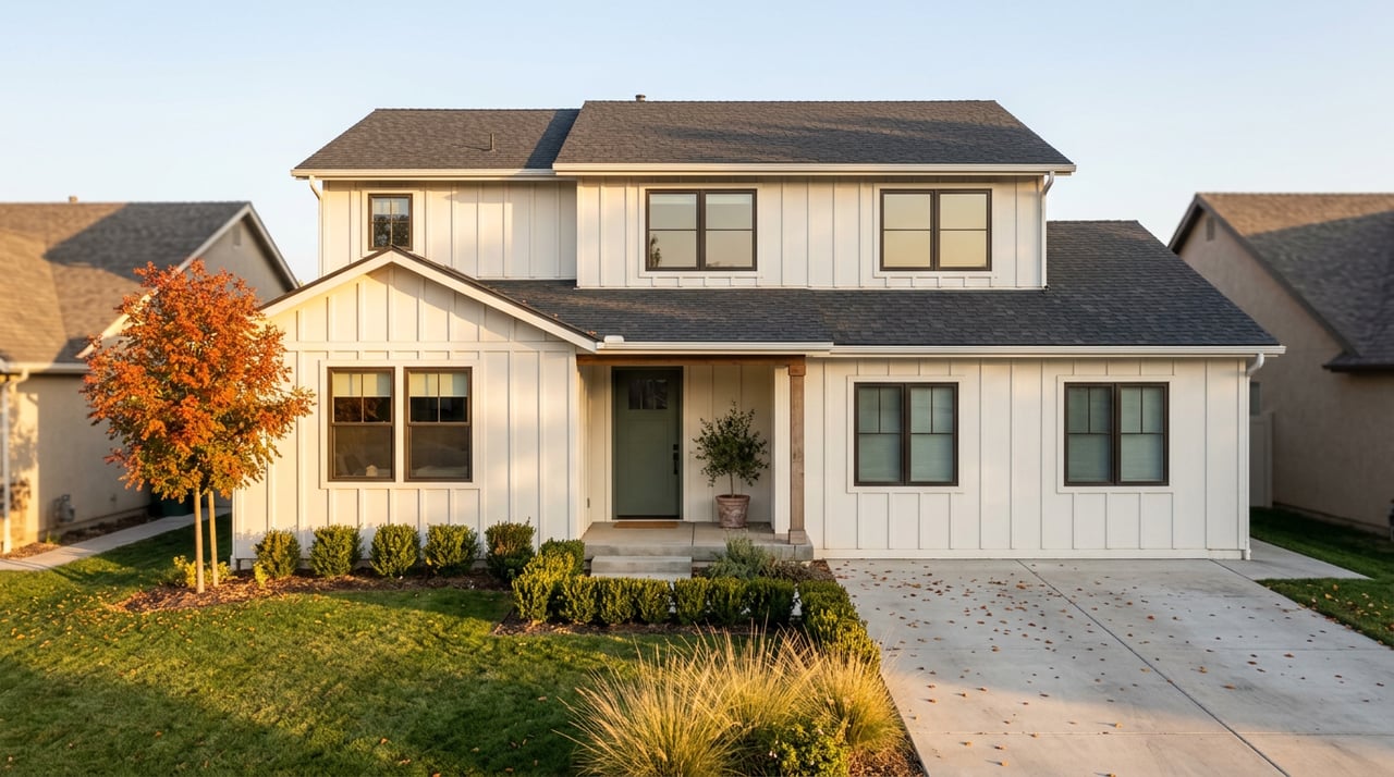 Two-story suburban home with a sage front door, orange-red fall tree, lawn, and concrete driveway.