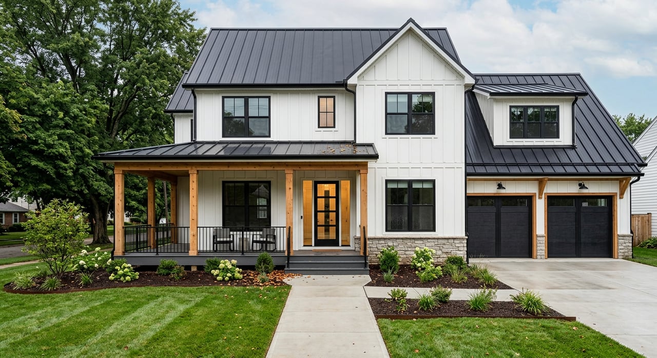 Modern farmhouse with charcoal garage door, cedar porch posts, young trees, and ornamental grasses.