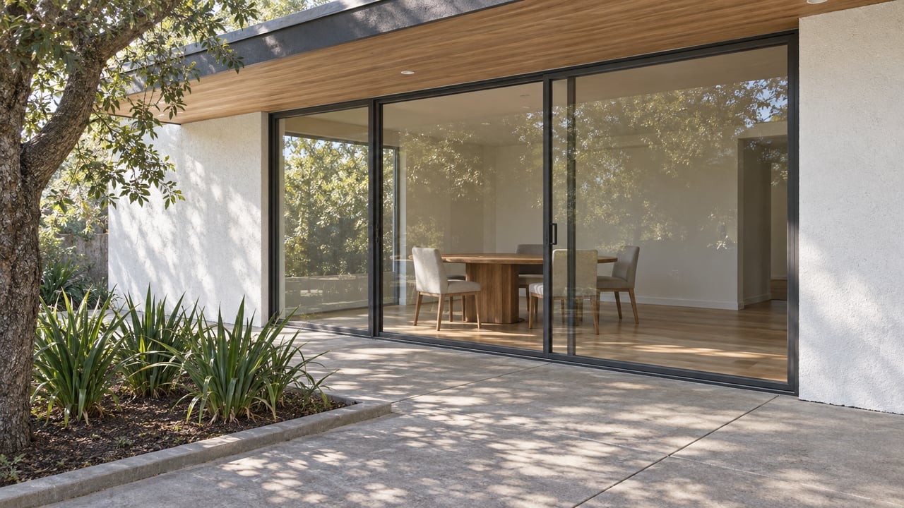 Sunlit covered patio beside a glass-enclosed dining room with oak furnishings, white stucco and a planted concrete border.