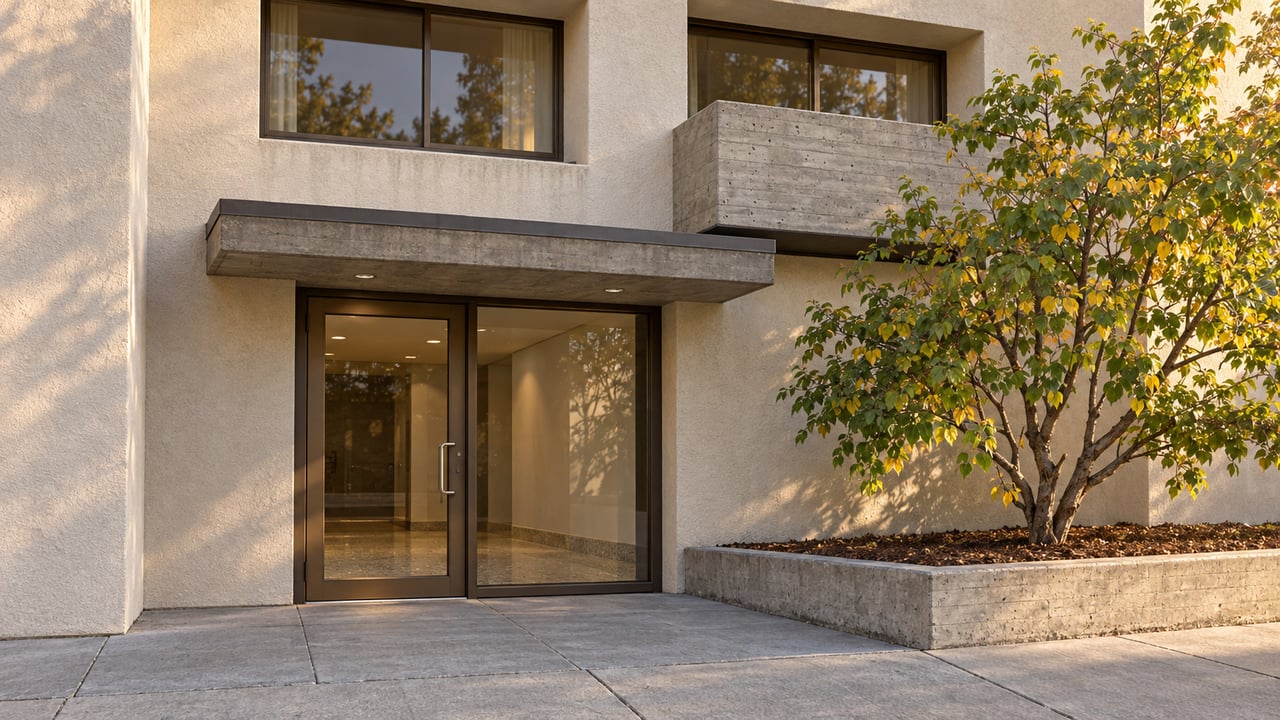 Warm afternoon light across a stucco condominium entrance with bronze-framed glass, concrete balcony, and one western redbud in a raised planter.