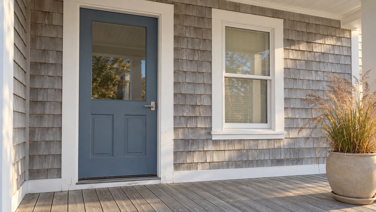 Pale cedar-shingled cottage entrance with a blue glazed door, white-trimmed window, silvered porch boards and a pot of tawny switchgrass.
