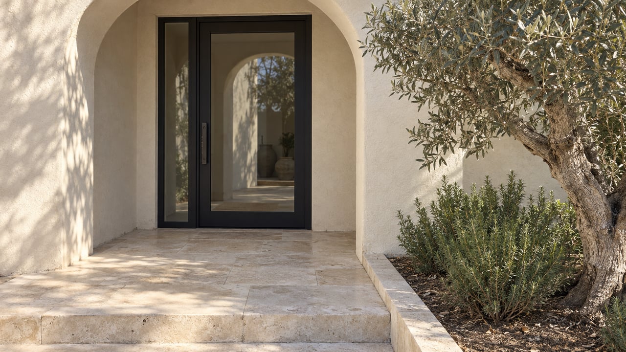 A recessed arched stucco entrance with a black glazed door, pale limestone landing, and an olive tree beside rosemary planting.