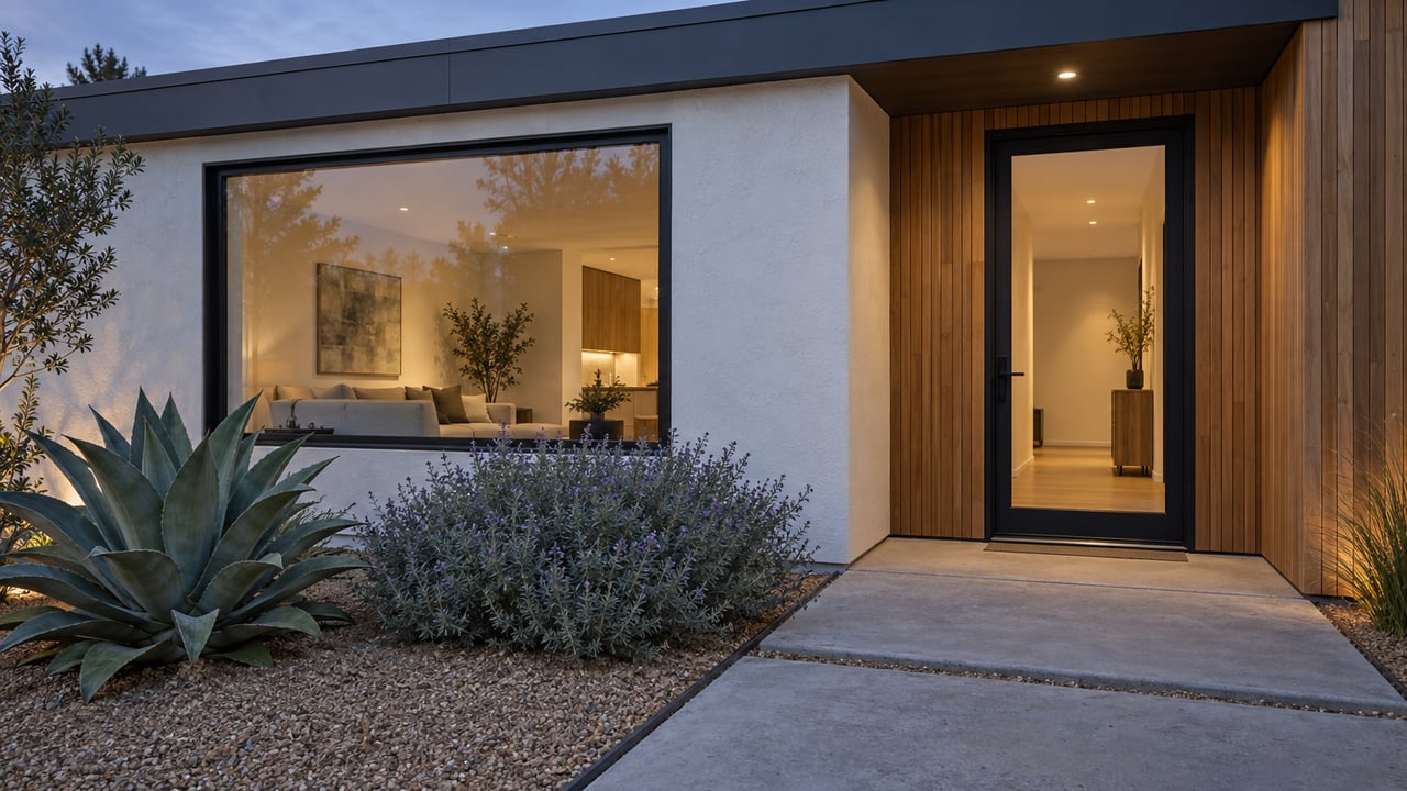 Modern home entrance with warm cedar siding, glowing glass door, concrete slabs, and sculptural agave.