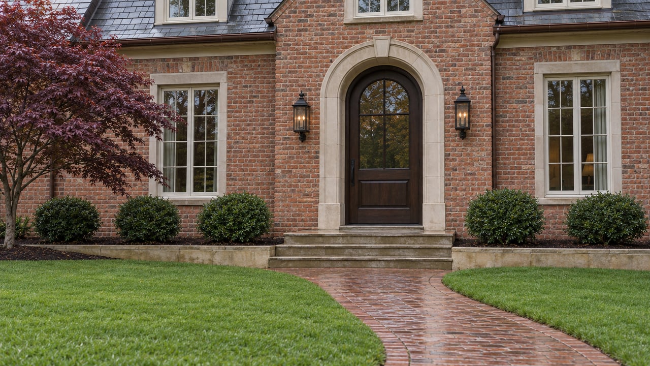 Brick home with an arched oak and glass entry, limestone steps, a curved brick walk and burgundy Japanese maple beside a manicured lawn.