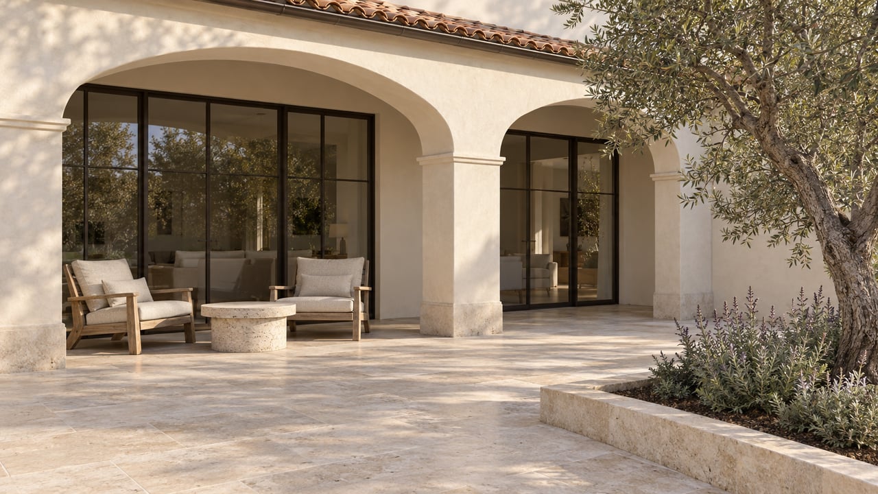 Cream stucco home with an arched loggia, pale limestone terrace, teak seating and a mature olive tree.