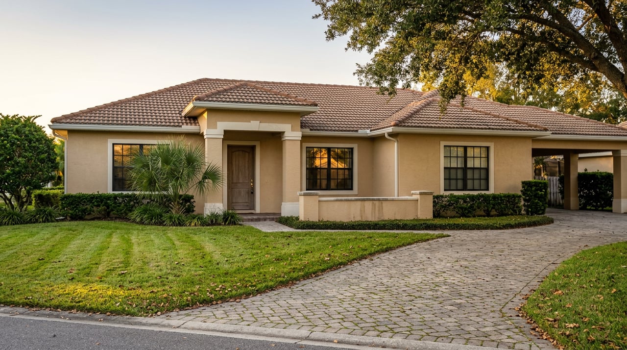 Sand-colored stucco ranch house with a terracotta tile roof, curved paver driveway, and broad lawn beneath a mature oak.