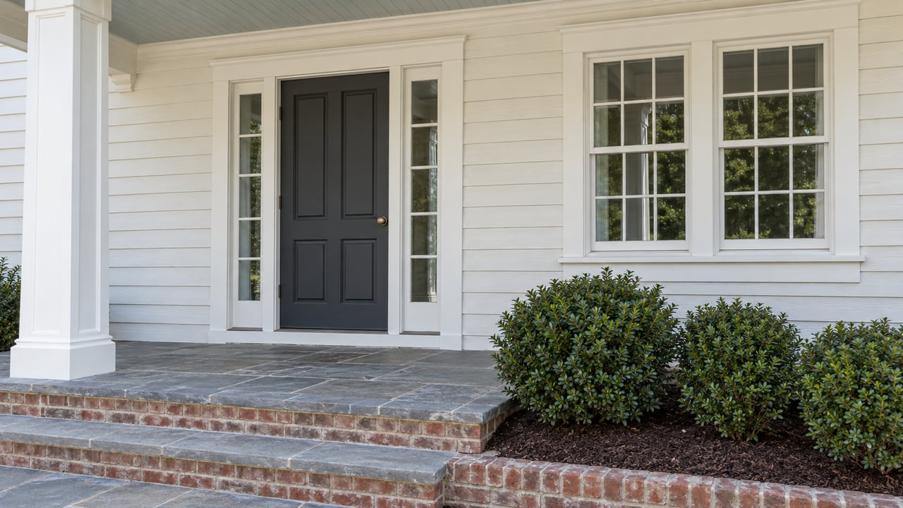 White clapboard home entrance with a charcoal door, glazed sidelights, slate porch, brick steps, and three inkberry shrubs.