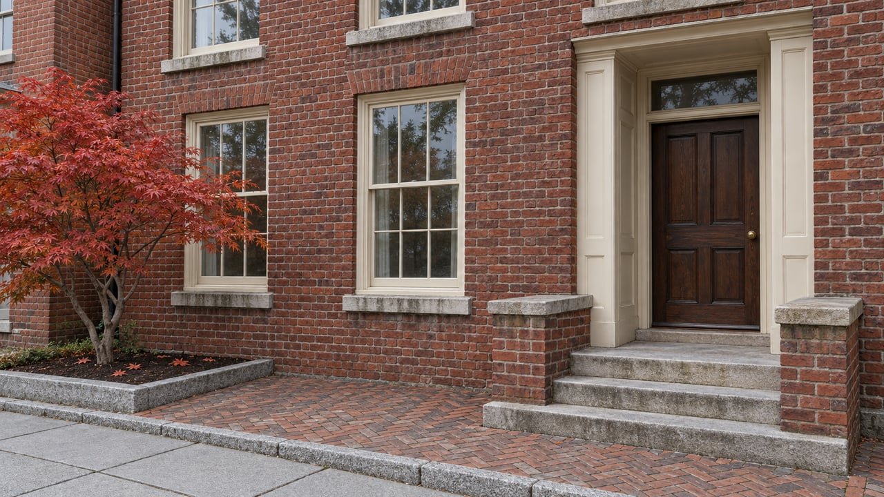 Red-brick townhouse with cream sash windows, a walnut entry door, worn limestone steps, and an autumn Japanese maple beside a brick forecourt.
