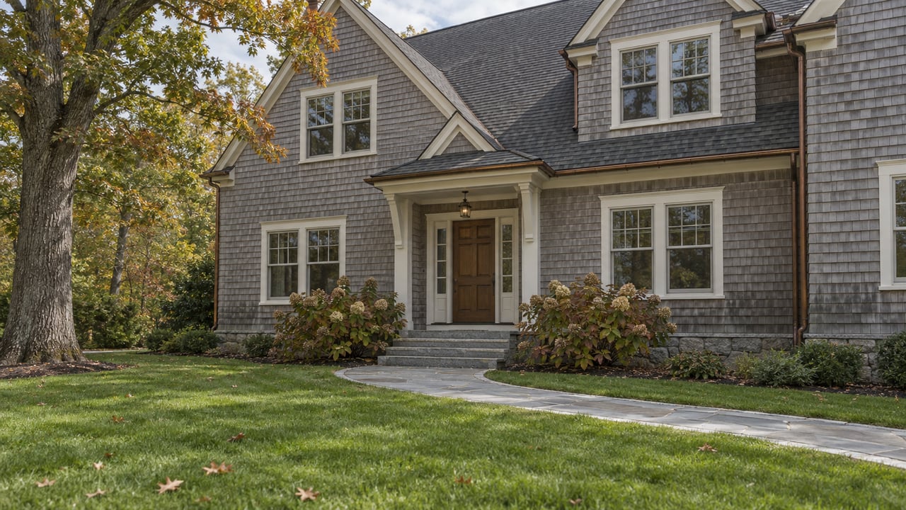 Silver-gray shingled home with a sheltered oak entry, granite steps and a bluestone walk across a broad lawn beside a mature oak.