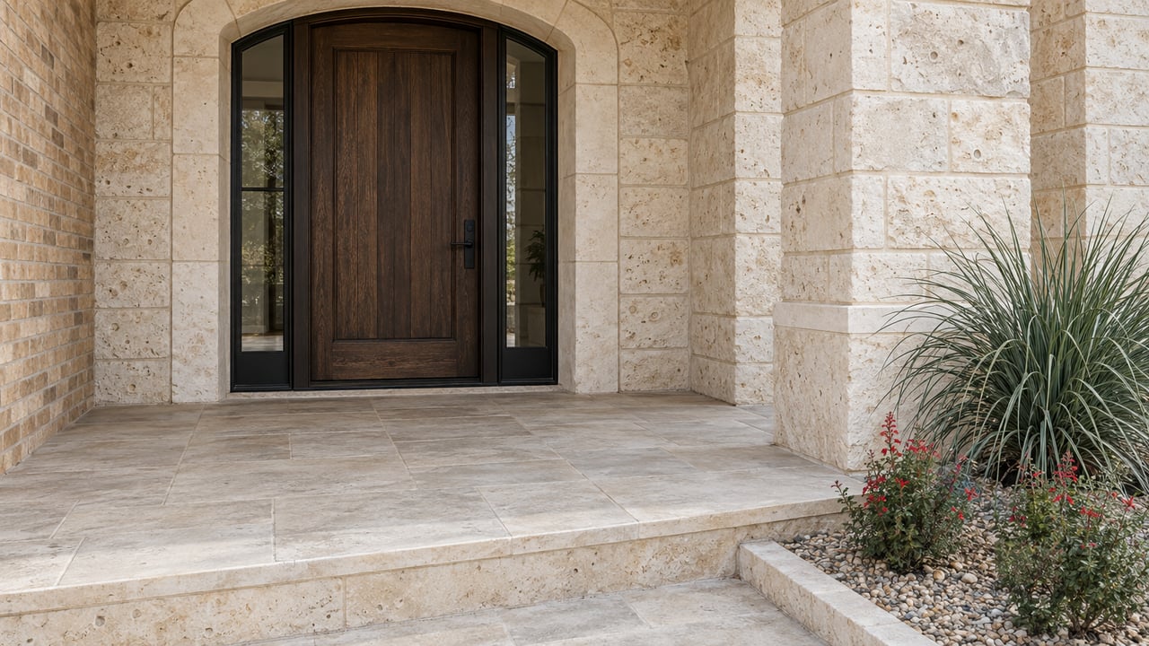 Covered limestone entry with a dark oak door, paired glazed sidelights, pale stone steps and blue-green planting.