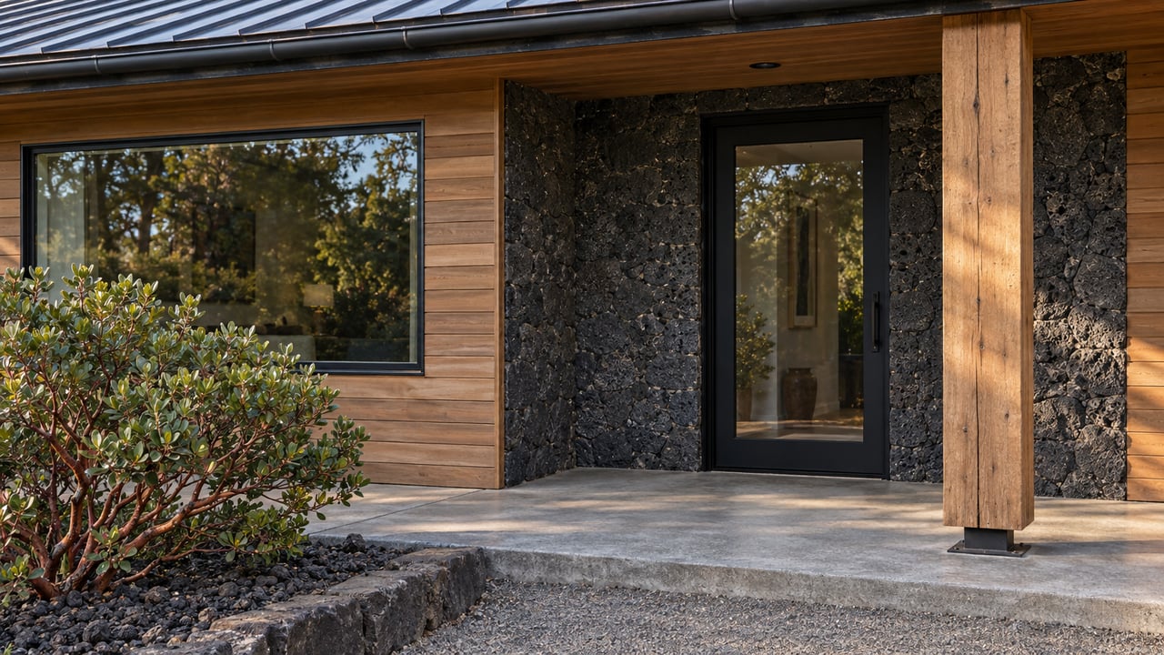 Sunlight crosses cedar siding and a timber porch post beside a basalt entry wall, with a manzanita shrub bordering the concrete approach.