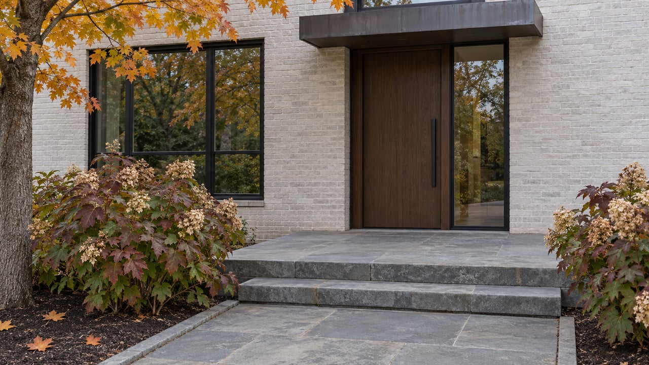 Contemporary home entry with a dark oak door, pale gray brick, bluestone steps and autumn hydrangeas beneath a metal canopy.