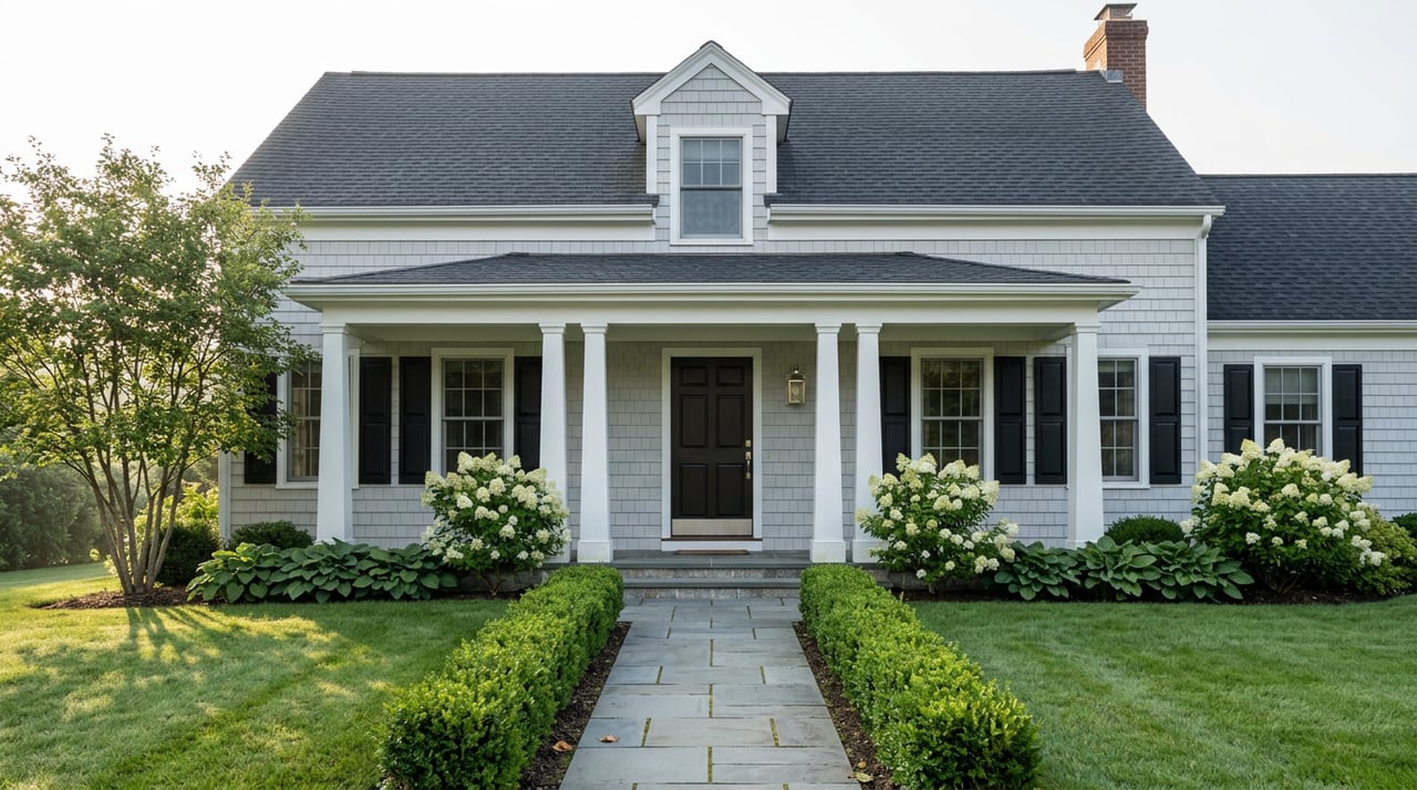 Symmetrical two-and-a-half-story colonial home with gray shingle siding, black shutters, and a bluestone walkway through the lawn.