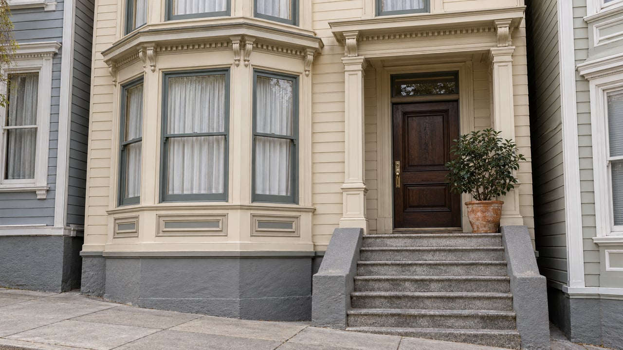 Cream painted-wood house with tall sage-gray bay windows, a recessed oak entry, worn granite steps, and a potted camellia.