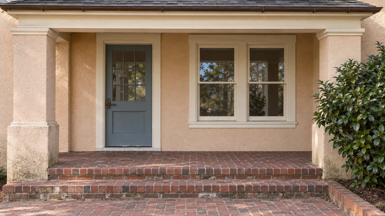 Peach-stucco home entry with cream porch piers, a blue-gray glazed door, paired sash window and worn red-brick steps beside a camellia.