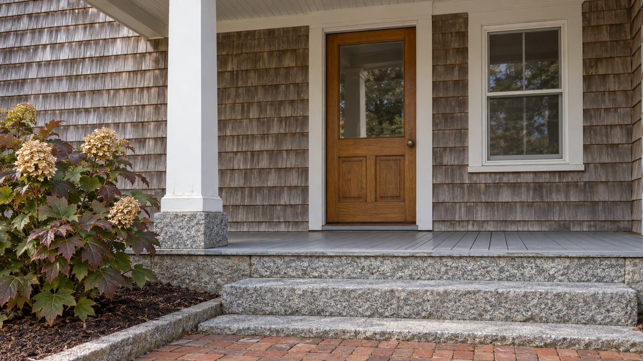 Weathered cedar-shingle home entry with a glazed oak door, white porch column, granite steps and an oakleaf hydrangea.