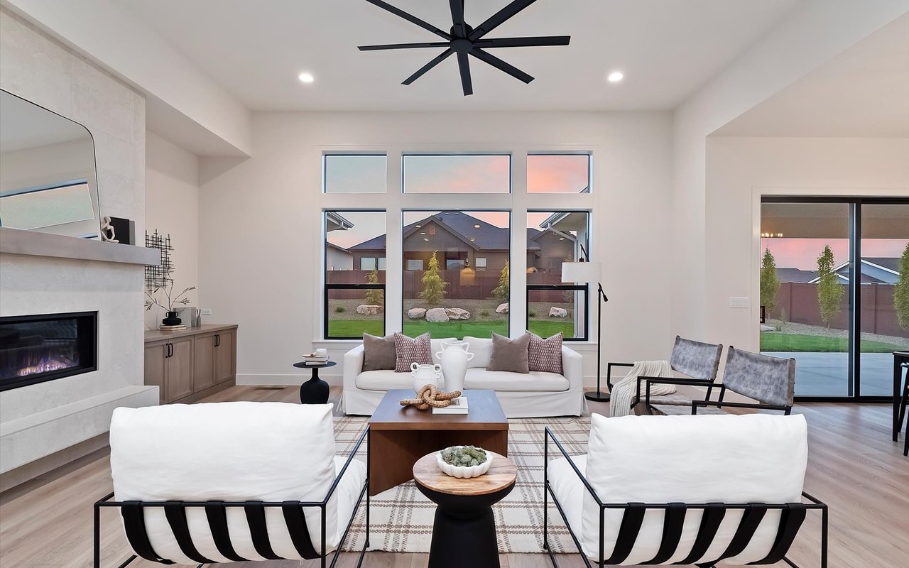 Living room with cream-colored furniture in new construction home in Star, Idaho.
